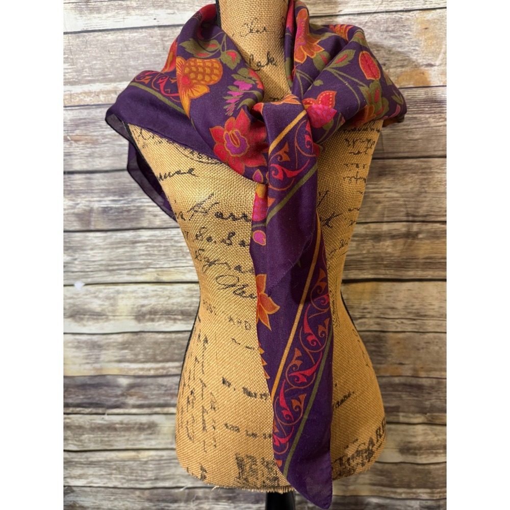 Purple Floral Square Scarf Botanical Print Bordered Head Wrap 45x45 Large